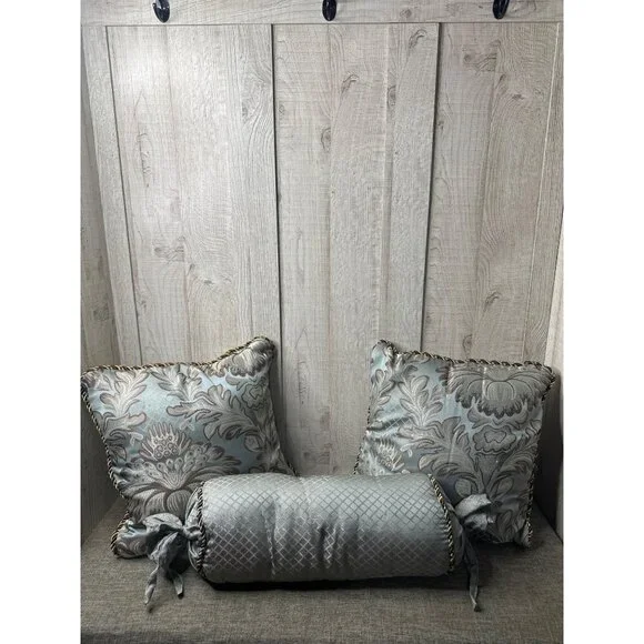 Decorative Pillow Set Jacquard Tapestry Fabric Corded Trim 2 Square and Bolster - Picture 1 of 8
